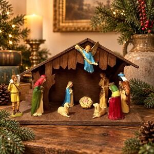 VTG Hong Kong Nativity Set Wooden Stable 11 Piece Christmas Mid Century Holiday